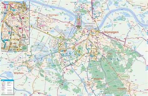 een kaart van Nijmegen met de locatie van de KLM Bus halte en de routes van het openbaar vervoer