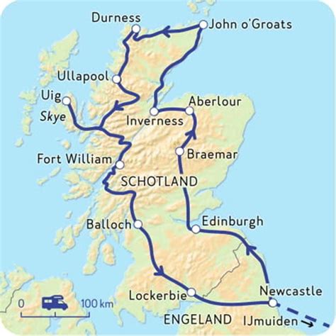 Kaart van Schotland met de route van een rondreis