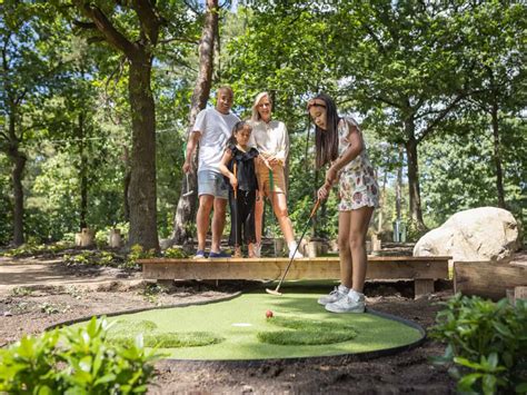 Gezin speelt minigolf op de baan van het park