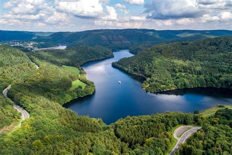 uitzicht op een bosrijk landschap met een meer in Nationaal Park Eifel