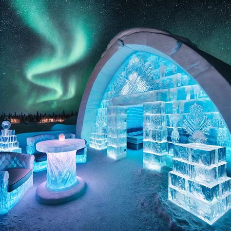Interieur van een themakamer in het ICEHOTEL Jukkasjärvi, met gedetailleerde ijssculpturen