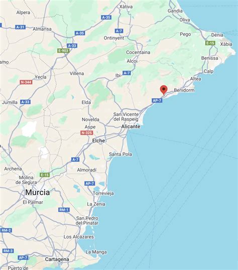 Kaart van de Costa Blanca met belangrijke steden en dorpen