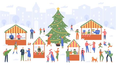 Illustratie van een sfeervolle kerstmarkt met kraampjes, verlichting en mensen.