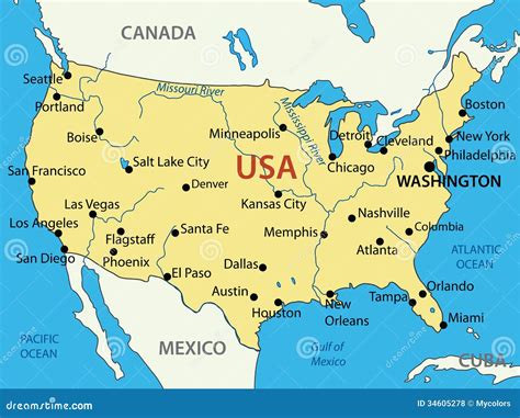 Kaart van de Verenigde Staten met gemarkeerde steden van het werkbezoek: Philadelphia, Miami en Washington D.C.