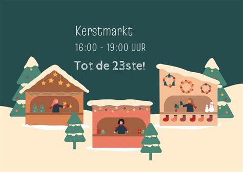 Illustratie van een sfeervolle kerstmarkt met kraampjes en verlichting