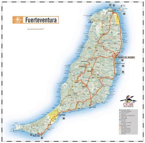 Kaart van Fuerteventura met belangrijke routes en bezienswaardigheden