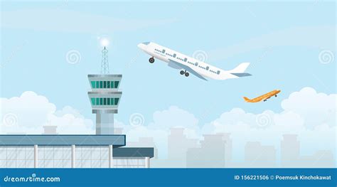 Illustratie van een vliegtuig dat opstijgt vanaf Düsseldorf Airport, met op de achtergrond de skyline van de stad.