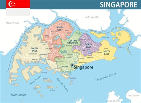 Kaart van Singapore met de belangrijkste toeristische attracties en OV-verbindingen.