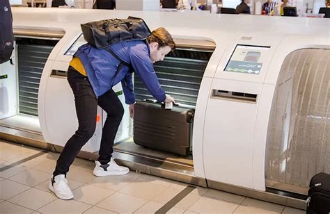 Een passagier gebruikt een selfservice bagage drop-off machine op de luchthaven