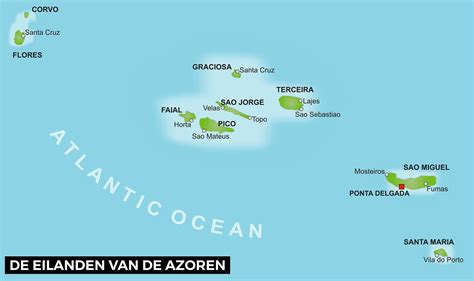 Kaart van de Azoren met de belangrijkste eilanden en vliegroutes aangegeven