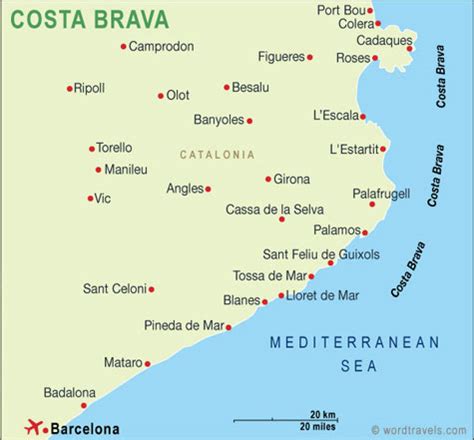 Kaart van de Costa Brava met Pineda de Mar en omliggende plaatsen