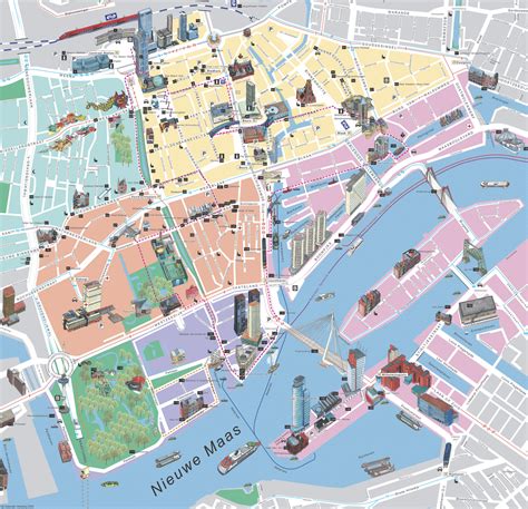 Stadsplattegrond van Rotterdam met gemarkeerde kindvriendelijke attracties