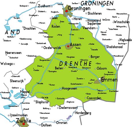 Kaart van Drenthe met de route van een dagtocht van Noorden Reizen, met markeringen voor bezienswaardigheden