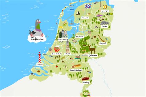 Kaart van Nederland met markeringen op populaire vakantiegebieden zoals de Veluwe, de kust en de Waddeneilanden.