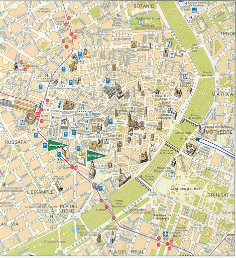 Plattegrond van het oude stadscentrum van Valencia met belangrijke bezienswaardigheden