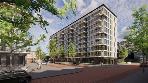 Een voorbeeld van een modern appartementencomplex met zwembad