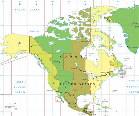 Een infographic die de verschillende tijdzones van de Verenigde Staten toont, met de bijbehorende tijdsverschillen ten opzichte van UTC.