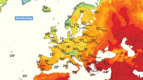 kaart van Europa met temperatuurverwachting, specifiek voor Polen en Krakau