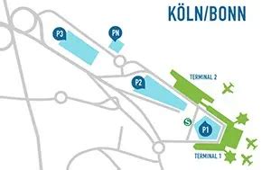 een overzichtskaart van Keulen Bonn Airport met de terminals en belangrijke faciliteiten
