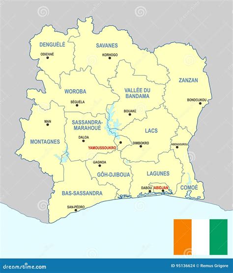 Kaart van Ivoorkust met markering van de belangrijkste steden en Nationale parken