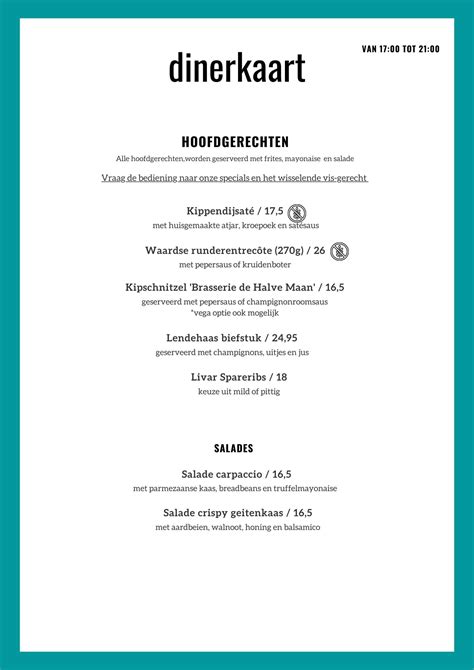 een overzicht van de menukaart van het Ploprestaurant