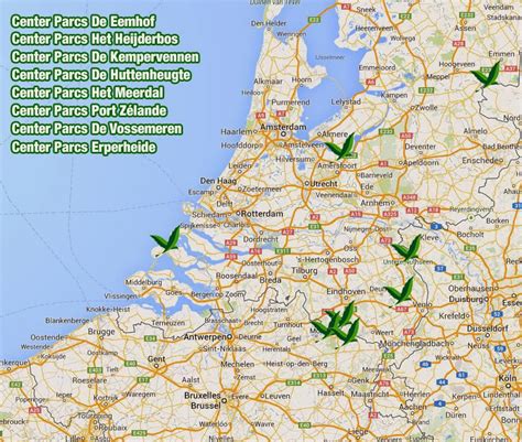 Kaart van Nederland met de locaties van de Center Parcs parken gemarkeerd.