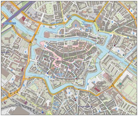 Een kaart van Zwolle met de locaties van autoverhuurkantoren gemarkeerd.