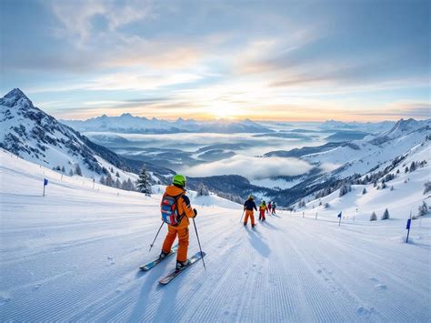 Een stel skiërs op een besneeuwde bergtop met zon en blauwe lucht