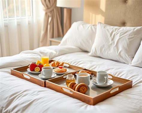 Stijlvolle foto van een ontbijt op bed in een hotelkamer met uitzicht