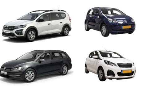 Illustratie van een diverse vloot huurvoertuigen, variërend van compacte auto's tot bestelwagens.