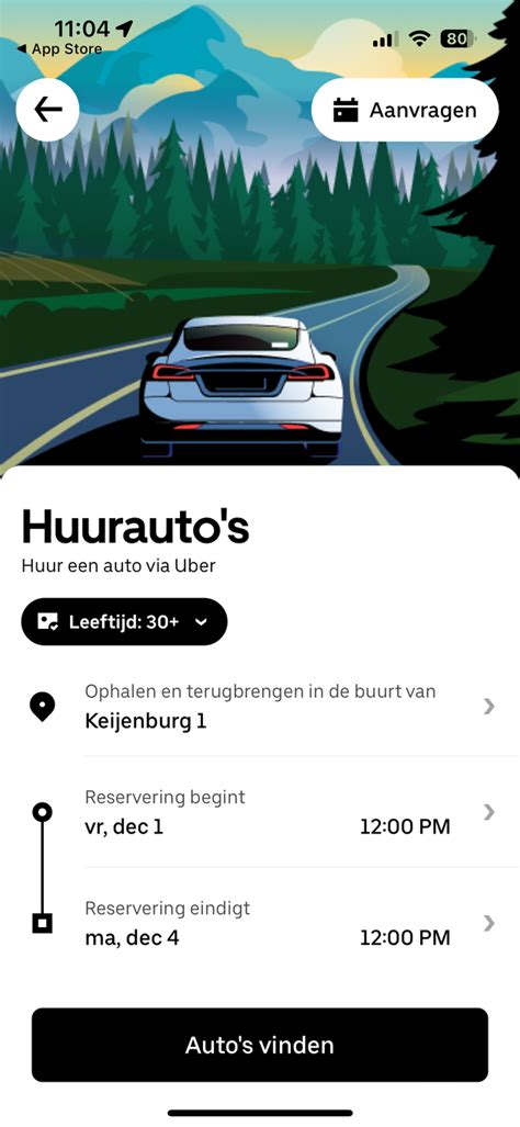 Screenshot van de Uber-app die de opties voor het huren van een compacte auto toont.