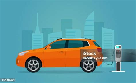 Illustratie van een compacte elektrische auto die wordt opgeladen.
