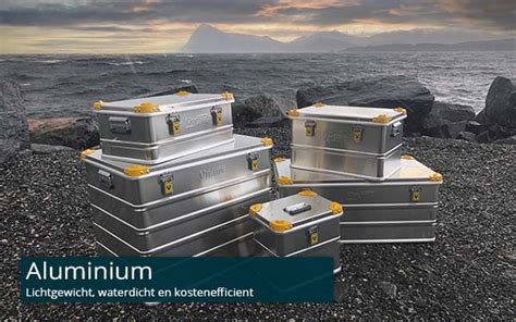 Illustratie van verschillende materialen voor koffers (ABS, polycarbonaat, polypropyleen, aluminium, Curv) met hun belangrijkste eigenschappen.