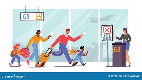 Illustratie van een gemiste vlucht met een vertrekkende vliegtuig en een persoon die gehaast naar de gate rent.