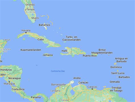 kaart van de Caribische Zee met de locatie van Aruba, Bonaire en Curaçao (ABC-eilanden)