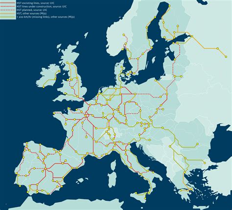 Infrastructuur van hogesnelheidslijnen in Europa, met nadruk op de lijnen die door Thalys werden gebruikt.