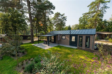 Illustratie van een gezellig vakantiehuisje op Vakantiepark Duinrust, met zon en groen op de achtergrond.