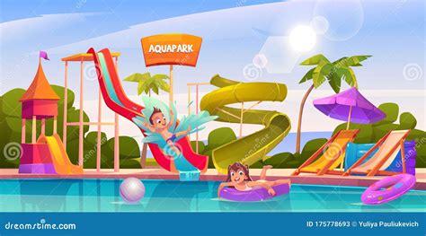 Illustratie van het overdekte zwembad met glijbanen en waterattracties voor kinderen.