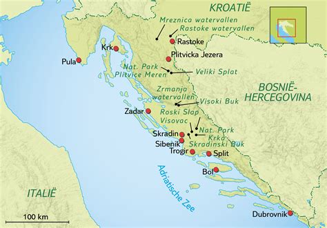 Kaart van Kroatië met de locatie van de populairste campings gemarkeerd