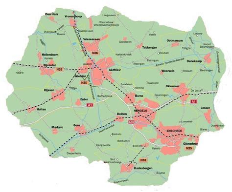 Kaart van de regio Twente met de locaties van verschillende reisbureaus