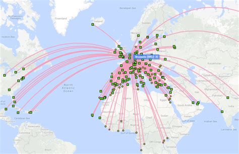 Kaart van Europa met directe vluchtroutes vanaf Vliegveld Ancona
