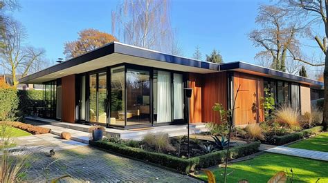 Interieur van een moderne bungalow met een comfortabele zithoek en een eethoek.