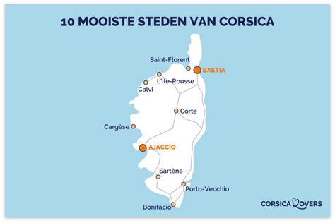 Kaart van Corsica met de belangrijkste regio's en steden voor overnachtingen
