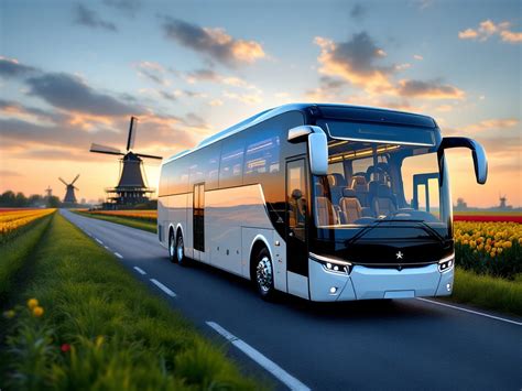 moderne touringcar met comfortabele stoelen, die door een bergachtig landschap rijdt