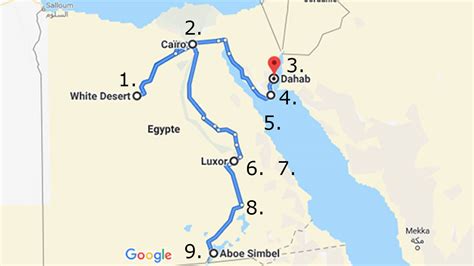 Schematische weergave van de route van de 13-daagse rondreis door Egypte, beginnend in Caïro, langs de Nijl naar Luxor en Aswan, en eindigend aan de Rode Zee.