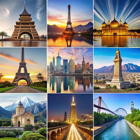 Een collage van iconische bezienswaardigheden uit de genoemde steden