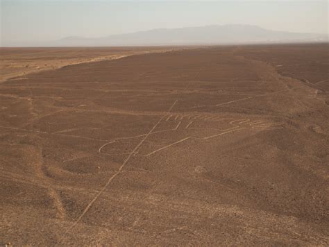 Vogelvluchtfoto van de Nazca-lijnen, met de figuur van een aap zichtbaar.