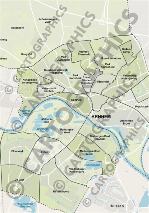Kaart van Arnhem met de belangrijkste culinaire wijken gemarkeerd