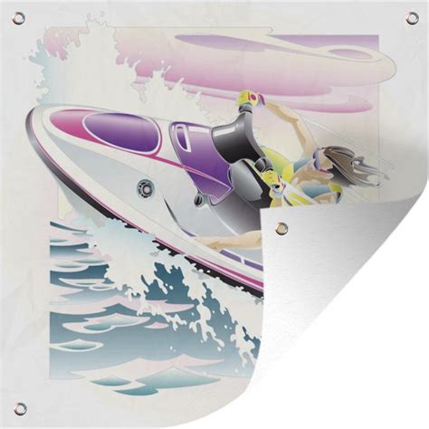 Illustratie van een persoon die op een jetski over de oceaan scheurt