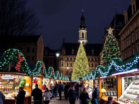 Sfeerfoto van de kerstmarkt in Düsseldorf met verlichte kraampjes en bezoekers